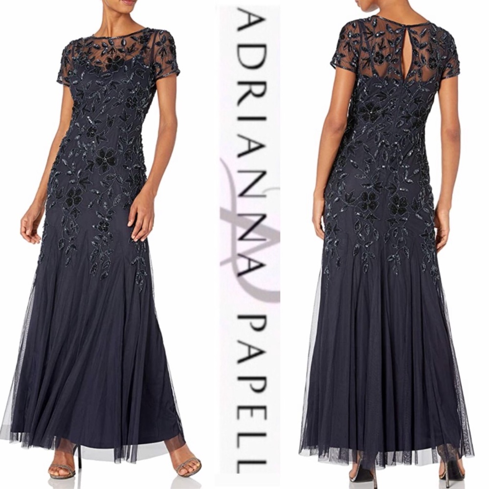 Adrianna Papell floral beaded godet short sleeves long dress